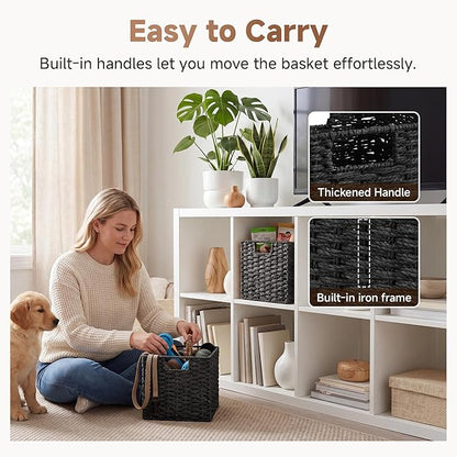 StorageWorks 9 inch Wicker Storage Cubes, Handwoven Wicker Baskets for Storage, Square Cube Basket, Foldable Paper Rope Basket for Organizing, Black, 2 Pack