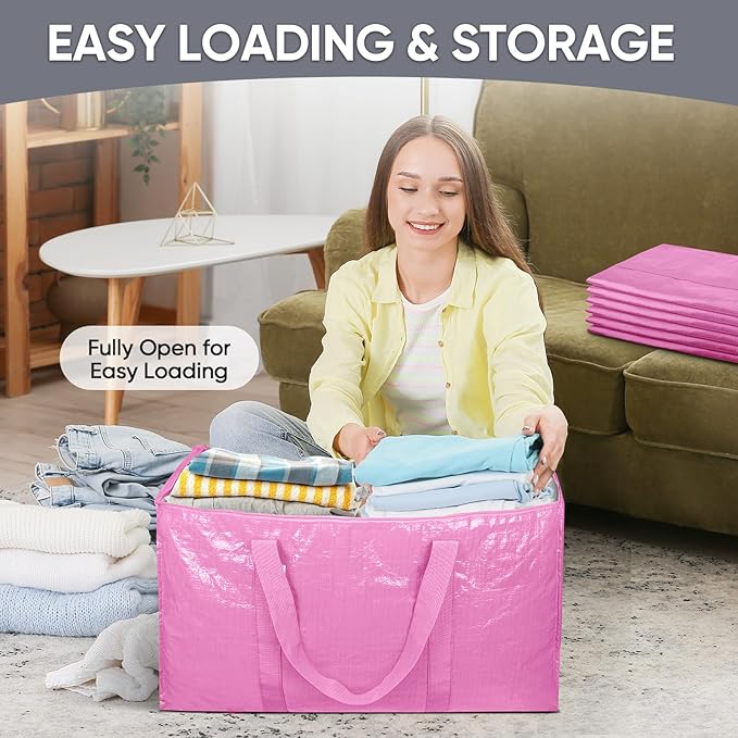 TICONN 6 Pack Extra Large Moving Bags Heavy Duty with Zippers & Carrying Handles, Durable Storage Bags Moving Boxes for Closet Organizers and Storage (6 Pack, Pink)