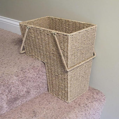 Household Essentials Wicker Stair Basket with Handles, Handwoven Seagrass, Natural
