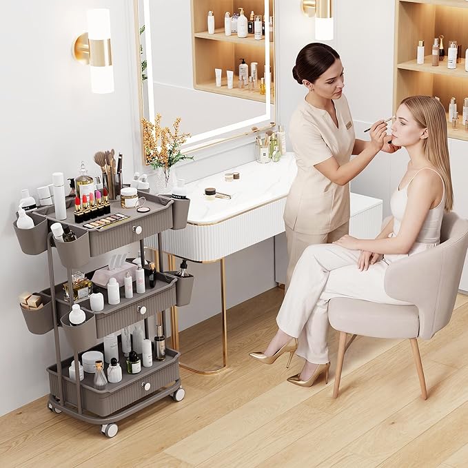 3 Tier Drawer Beauty Cart with 12 Movable Storage Organizer, Thickened ABS & 360° Wheels for Salon Station for Hair Stylist, Beauty Salon, Spa Massage Parlor, Makeup Organizer and More - Brown