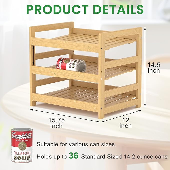 Bamboo Rolling Can Organizer for Pantry, Stackable 3 Tier Canned Food Storage Rack for Kitchen Can Storage Organizer Set with Can Opener & Hooks for Cabinet & Countertop, Holds up to 36 Cans