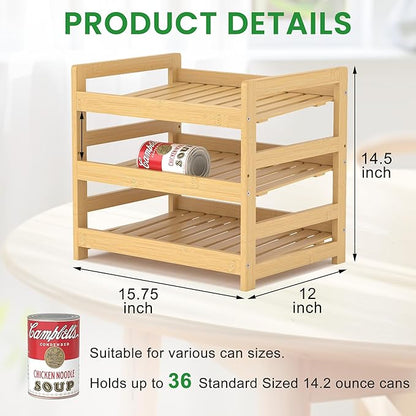 Bamboo Rolling Can Organizer for Pantry, Stackable 3 Tier Canned Food Storage Rack for Kitchen Can Storage Organizer Set with Can Opener & Hooks for Cabinet & Countertop, Holds up to 36 Cans