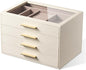 pickpiff Jewelry Box Organizer Case for Women: 4-Layer Jewelry Storage Case with Glass Window, Ivory Leather with Pink Velvet, Holder for Ring Necklace Bracelet Brooch Watch, Great Gift for Her