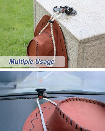 CONBOLA Suction Cups with Rope,Cowboy Hat Rack for Truck Car Heavy Duty Hat Holder,Upgrade Multi Purpose Hanger with Buckle for Truck Cars RV Boat Window Glass Camping.