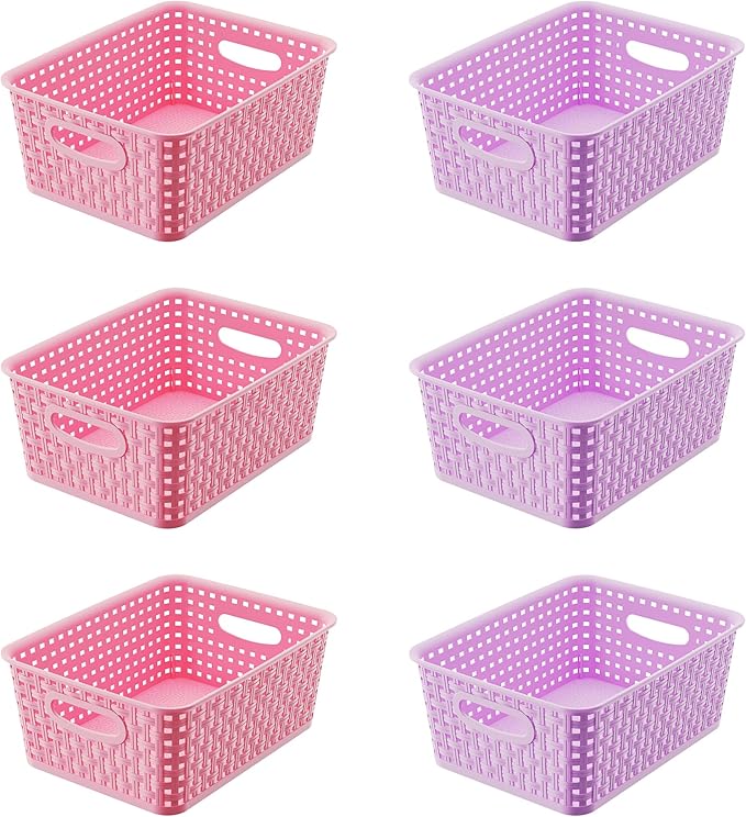 Mixed Color Small Plastic Open Storage Weave Baskets, 6-Pack Versatile Shelf Organizer Woven Baskets for Classrooms, Children's Rooms, and Pantries, Pink/Purple-10x7.5x4 inch