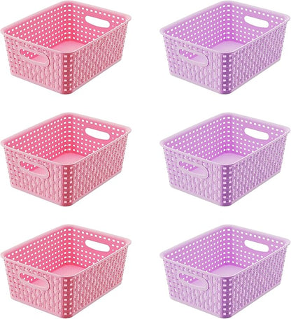 Mixed Color Small Plastic Open Storage Weave Baskets, 6-Pack Versatile Shelf Organizer Woven Baskets for Classrooms, Children's Rooms, and Pantries, Pink/Purple-10x7.5x4 inch