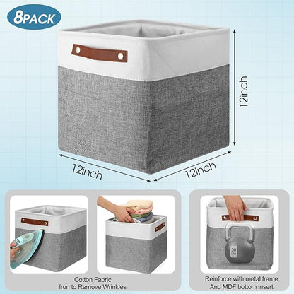 Uiifan 8 Pack 12 x 12 x 12 Inch Large Storage Baskets Collapsible Fabric Storage Cubes Bins with Handles for Shelves Closets Nursery Home Clothes Toys Organizers, Gray