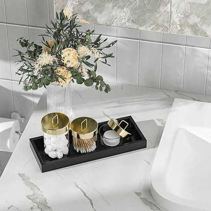 ZHWS Bathroom Tray Countertop for Toiletries, Black Vanity Tray for Makeup Perfume Decor Candle, Bamboo Kitchen Tray for Soap Dispenser Salt Pepper Brush Holder 11.3” L x 4.4” W x 1.1” H