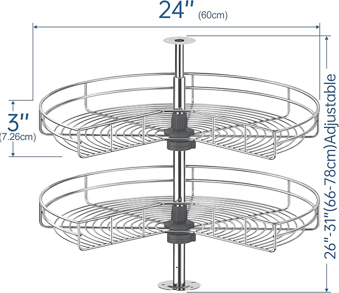 JOWBOOW 24" Kidney Corner Cabinet Lazy Susan for Kitchen, Adjustable Height Replacement Shelves for Corner Cabinet, Chrome Silver (Cannot be Door-Mounted)