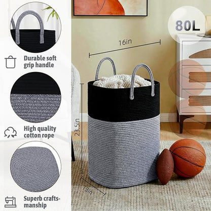 Laundry Basket,Woven Cotton Rope Laundry Hamper,Versatile Storage for Dirty Clothes,Baby Toys,and Blankets in Bathroom, Nursery,and Living Room (Black, 80L)