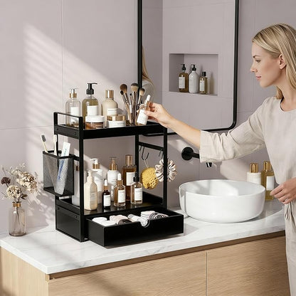 2-Tier Bathroom Counter Organizer with Drawer Basket and Hooks, Wood Bathroom Organizers and Storage for countertop, Farmhouse Black Countertop Organizer, Counter Shelf for Vanity, Kitchen, Office