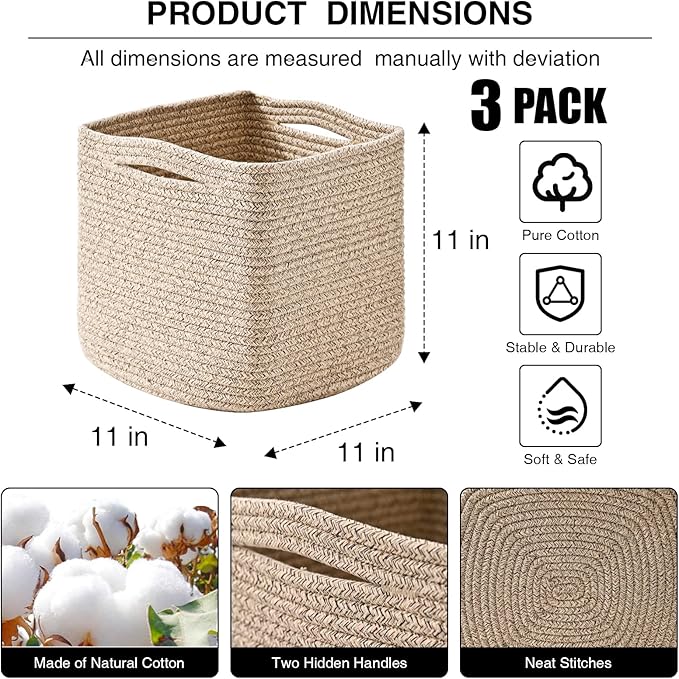 11 Inch Cube Storage Bins, Organizing Bins for Cube Organizer, Storage Baskets for Organizing, Woven Storage Basket for Shelves, Cotton Rope Toy Baskets Storage Kids, Brown (Pack of 3)