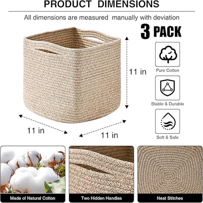 11 Inch Cube Storage Bins, Organizing Bins for Cube Organizer, Storage Baskets for Organizing, Woven Storage Basket for Shelves, Cotton Rope Toy Baskets Storage Kids, Brown (Pack of 3)