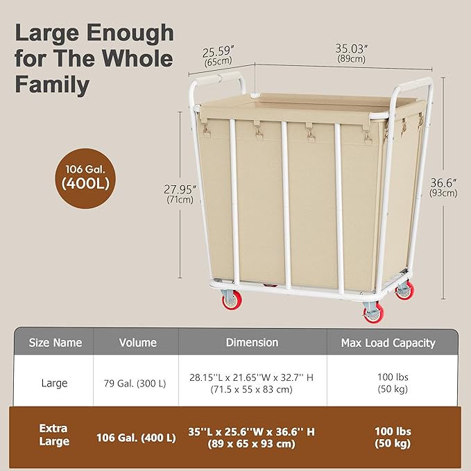 Hoctieon Large Laundry Cart with Wheels, 400L Heavy Duty Laundry Basket Organizer, Rolling Hamper Sorter for Clothes Storage, Industrial Dirty Clothes Hamper for Home & Hotel, Beige