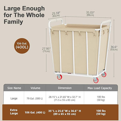 Hoctieon Large Laundry Cart with Wheels, 400L Heavy Duty Laundry Basket Organizer, Rolling Hamper Sorter for Clothes Storage, Industrial Dirty Clothes Hamper for Home & Hotel, Beige