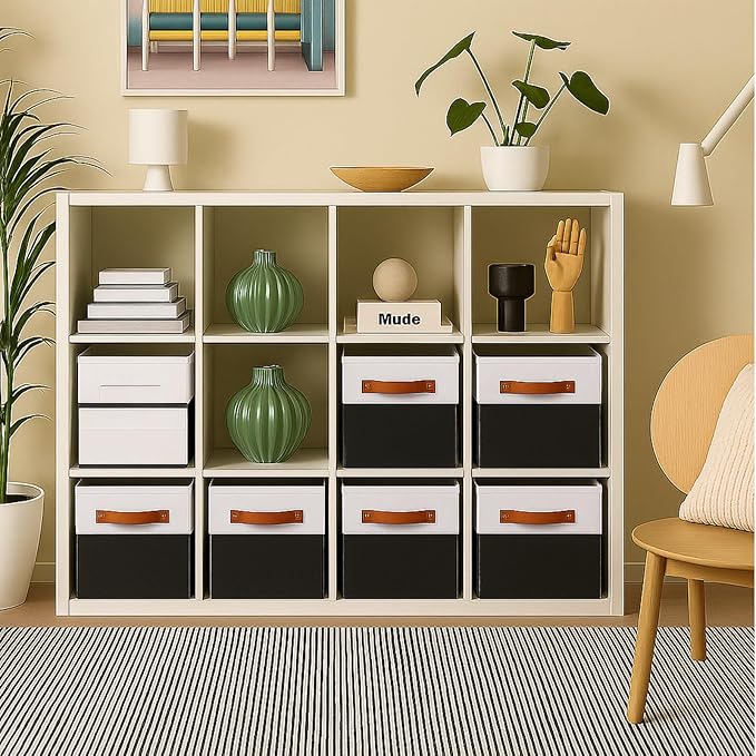ShellKingdom Storage Bins, Two-Tone Foldable Fabric Storage Cubes with Leather Handle for Closet Toys Clothes Storage Organizer Drawer, 10.5 X 10.5 X 11 inch, 2 Pack (White/Black)