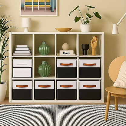 ShellKingdom Storage Bins, Two-Tone Foldable Fabric Storage Cubes with Leather Handle for Closet Toys Clothes Storage Organizer Drawer, 10.5 X 10.5 X 11 inch, 2 Pack (White/Black)