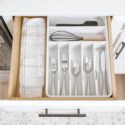 KitchenEdge Silverware Organizer - Cutlery, Flatware, and Utensil Holder for Kitchen Drawers, Fixed 10.5” Width, 7 Storage Compartments, Non-Slip Feet, Rounded Corners, 100% Bamboo, White Finish
