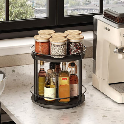 YATINEY Lazy Susan Organizer, Rotating Spice Rack, 2 Tier Spice Turntable Organizer, Industrial Turntable Spice Holder, for Kitchen Countertop and Cabinet, Compact and Versatile, Black SR22BK
