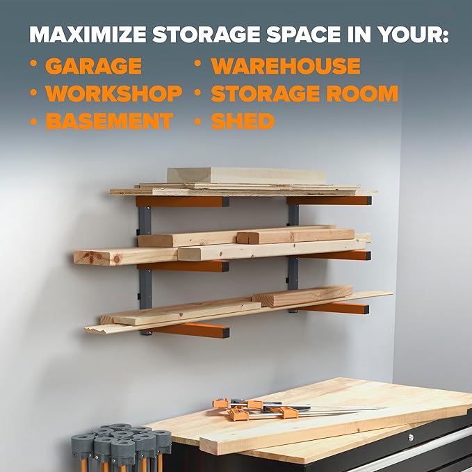 BORA 3-Level Wood Storage Rack, Wall-Mounted Hanging Shelf for Lumber, Garage Wall Storage, Space Saver for Workshop, Heavy Duty 300 lb Capacity, Metal Wood Rack System - PBR-0310, Orange/Black