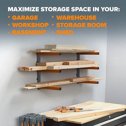 BORA 3-Level Wood Storage Rack, Wall-Mounted Hanging Shelf for Lumber, Garage Wall Storage, Space Saver for Workshop, Heavy Duty 300 lb Capacity, Metal Wood Rack System - PBR-0310, Orange/Black