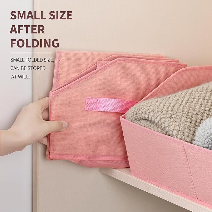 Homsorout Closet Baskets for Shelves Trapezoid - Decorative Storage Baskets with Handle, Closet Bins for Organization, Shelf Storage Bins for Clothes, Books, Home, Office, 6 Pack, Pink