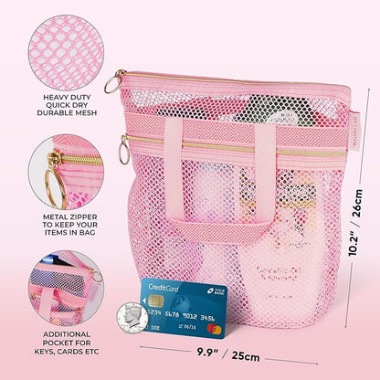 DV Lifestyle Mesh Shower Bag 10.2x9.9'' Quick-Dry Caddy with Zipper & 2 Pockets. Portable Toiletry Tote for Bathroom, Gym, Travel, Camp, Beach, for Sunscreen, Dorm & College Essentials (Pink)