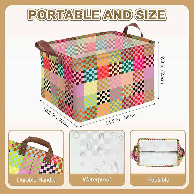 Colorful Checkered Storage Basket Waterproof Canvas Toy Storage Bin Checkered Home Decor Collapsible Outdoor Basket with Leather Handles Blanket Baskets For Closets,Bedrooms,Classroom,Gifts Baskets