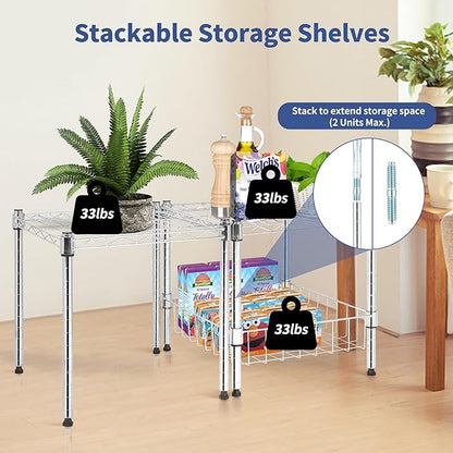 YSSOA 2-Tier Shelving Unit, 15" W x 13.8" D x 15" H Wire Metal Stackable Storage with Basket, Chrome, 2 Pack