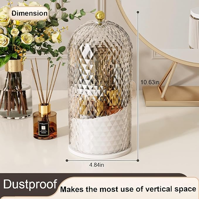 Makeup Brush Holder with Lid,Makeup Brush Storage Box with Diamond Pattern,360 Rotating Waterproof and Dustproof Beauty Brushes Storage for Vanity Bathroom,White