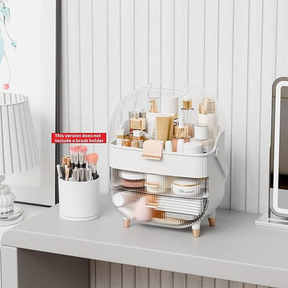 Yieach Countertop Makeup Organizer With Lid,Large Skincare Organizers With 2 Drawers,Dustproof Cosmetic Display Cases for Bathroom,Dresser,Lotion,Beauty,Skin Care Holder,Makeup Storage Organizer,White