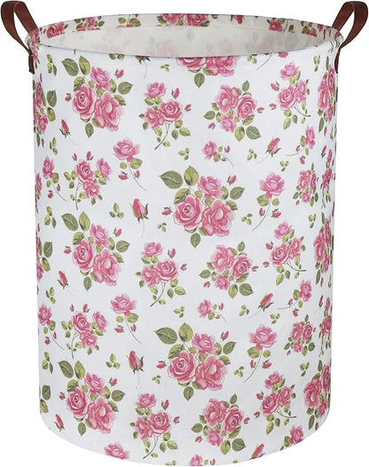 Roses Pink Laundry Basket Baby Girls Laundry Hamper Kids Toy Storage Bins Organizer Gift Basket Pink Rose Bedroom Decor Bathroom(Pink Rose)