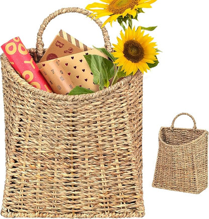 Woven Hanging Seagrass Baskets, Hanging Wall Wicker Basket, Handmade Organizer Baskets, Hanging Flower Basket for Shelves, Walls, Doors, Balconies, Front of House, Garden,...