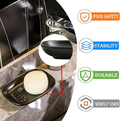 Soap Dish Soap Holder Shower, Ceramic Soap Dishes for Large Bar Soap Sponge, Shower Soap Dish Soap Saver Tray for Bathroom Kitchen Sink, Elegant Raised Leaf Design, Easy Dishwasher Cleaning, Black