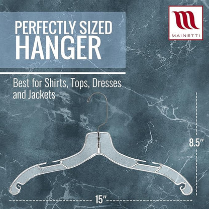Mainetti Clear Plastic Clothes Hangers 100 Pack | 17-Inch Space Saving Hangers with 360 Swivel Metal Hook & Notches for Straps | Closet Hangers Ideal for Shirts, Tops, Dresses and Jackets (5400SCR)