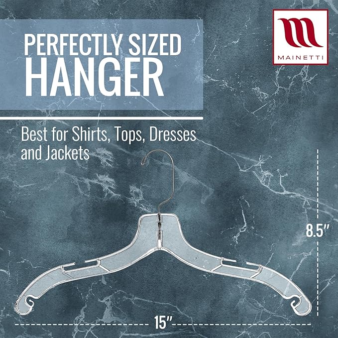 Mainetti Clear Plastic Clothes Hangers 50 Pack | 17-Inch Space Saving Hangers with 360 Swivel Metal Hook & Notches for Straps | Closet Hangers Ideal for Shirts, Tops, Dresses and Jackets (5400SCR50)