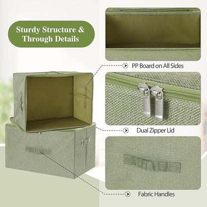 ANMINY 2PCS Storage Bins with Zipper Lids 13 Qt Lidded Fabric Storage Boxes Baskets Cubes with Handles Collapsible Washable Cotton Linen Closet Shelf Clothes Organizer Containers - Green, Small