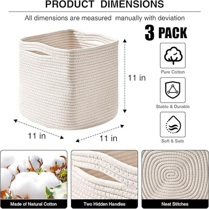11 Inch Cube Storage Bins, 11x11 Cube Storage Bins for Cube Organizer, Square Cloth Storage Cubes, Woven Storage Baskets for Shelves, Toy Rope Baskets Storage Kids, Off White (Pack of 3)