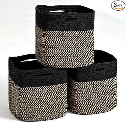 ICERZCZ 11 Inch Cube Storage Bins, Storage Cube Organizer Bins, Woven Cotton Rope Baskets for Storage, Storage Basket for Organizing Shelves, Square Baskets for Toys Nursery, Black & Jute (Pack of 3)