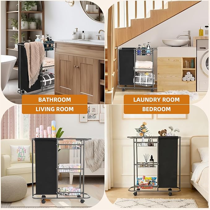 Rolling Laundry Cart with Wheels: 3-Tier Laundry Caddy Between Washer and Dryer - Heavy Duty Wrapping Paper Cart with 45L Bag for Narrow Space Laundry Room Bathroom Bedroom Black