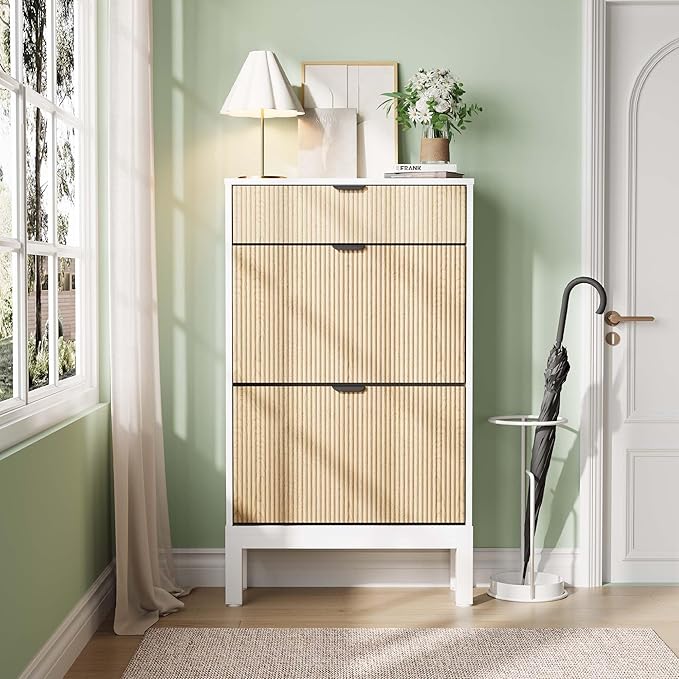 IDEALHOUSE Shoe Storage Cabinet with 2 Flip Drawers, Farmhouse Fluted Shoe Organizer with Metal Legs, Freestanding Hidden Slim Narrow Shoe Rack for Entryway, Foyer, Hallway