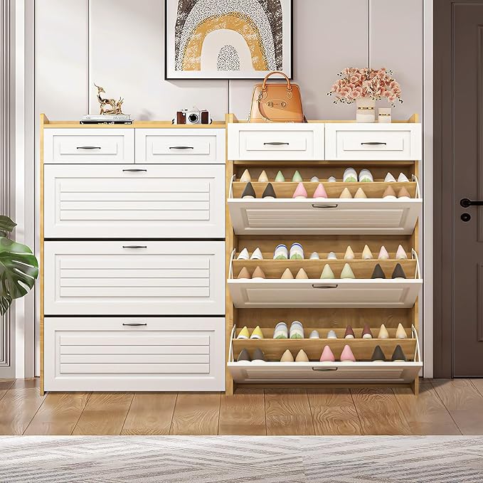 Vibe & Dine Shoe Cabinet with 3 Large Flip Drawers & 2 Storage Drawers, Narrow Shoe Organizer Cabinet Fits for Kinds of Shoes, Slim Shoe Storage Cabinet for Entryway, Hallway, Bedroom, Natural Wood