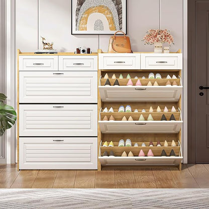 Vibe & Dine Shoe Cabinet with 3 Large Flip Drawers & 2 Storage Drawers, Narrow Shoe Organizer Cabinet Fits for Kinds of Shoes, Slim Shoe Storage Cabinet for Entryway, Hallway, Bedroom, Natural Wood
