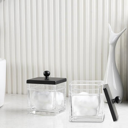 Glass Cotton Jar Holder 2 Pack– Matte Black Lid, Elegant Bathroom Storage Canister for Qtips, Cotton Balls, Floss, Makeup Organizer, Vanity & Bathroom Organization