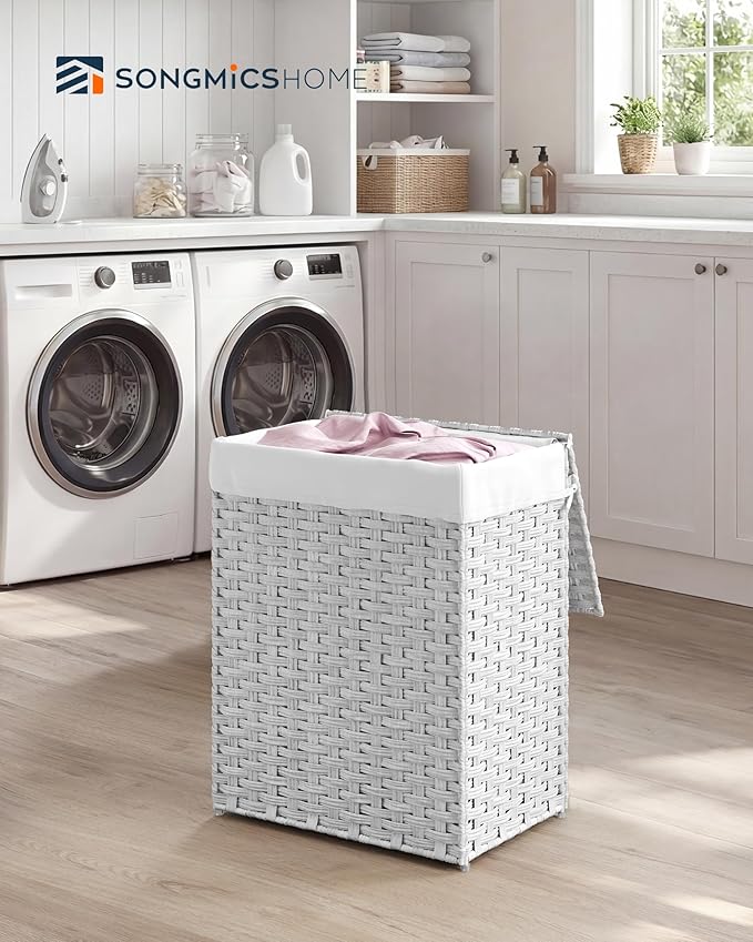 SONGMICS HOME Laundry Hamper with Lid, Clothes Basket with Removable Liner and Handles, 23.8 Gallon, Foldable Narrow Laundry Organizer for Bathroom, Bedroom, White