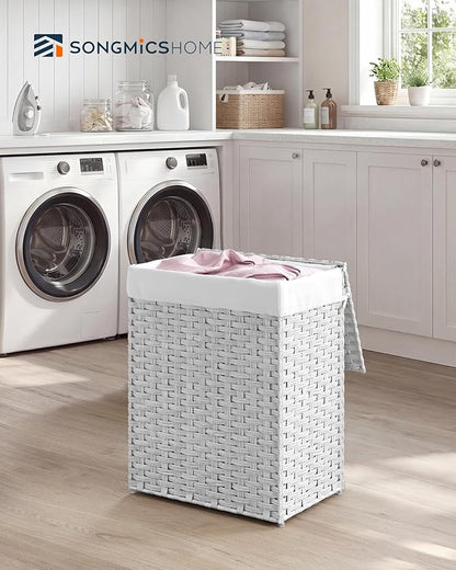 SONGMICS HOME Laundry Hamper with Lid, Clothes Basket with Removable Liner and Handles, 23.8 Gallon, Foldable Narrow Laundry Organizer for Bathroom, Bedroom, White