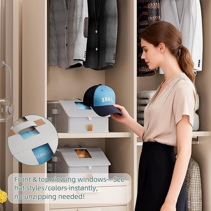 FHSQX 3PCS Hat Organizer for Baseball Caps Stackable Storage Bins With Clear Window Lid Holds Up To 36 Caps Space-Saving Hat Boxes for Closet (Light Grey, (17.7 * 9.1 * 7.1in)*3)