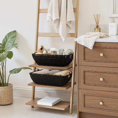 StorageWorks Large Wicker Storage Basket for Organizing, Toilet Paper Baskets for Shelf, Paper Rope Storage Baskets with Wooden Handles, Black, 2-Pack