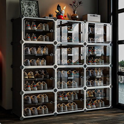 MAGINELS 8-Tier Shoe Rack,Expandable Plastic Shoe Cabinet. Shoe Storage with Door,Entryway, Closets, Hallway, and Bedroom.Accommodates Up to 48 Pairs of Shoes.Grey (3 by 8)