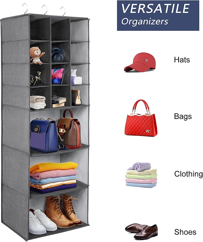 Libeder Shoe Organizers for Closet, 15 Shelf Hanging Closets Storage Shelves,12 Rack Organizer 3 Large Compartment for Clothes, Space Saving for Shoes with 3 Metal Hook(Grey)